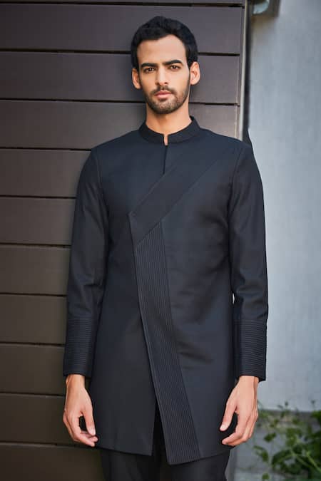 Bohame_Black Terrycloth Embroidery Dejon Pintucked Bandhgala Set_Online_at_Aza_Fashions