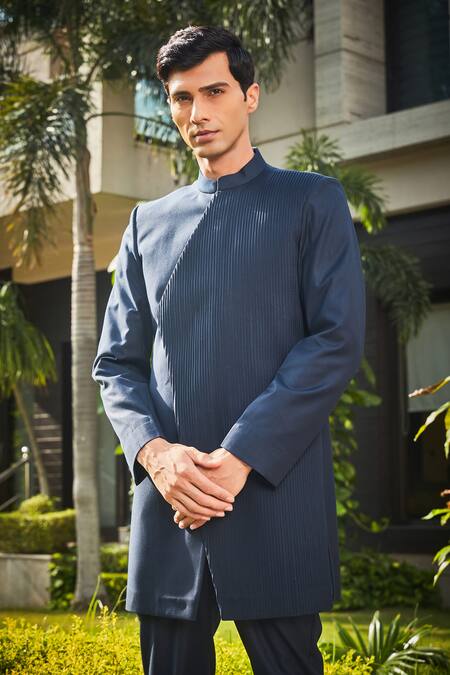 Bohame_Blue Terrycloth Embroidery Mark Pintucked Bandhgala Set_Online_at_Aza_Fashions