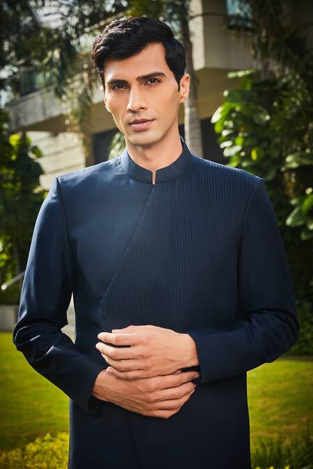 Shop_Bohame_Blue Terrycloth Embroidery Mark Pintucked Bandhgala Set_Online_at_Aza_Fashions