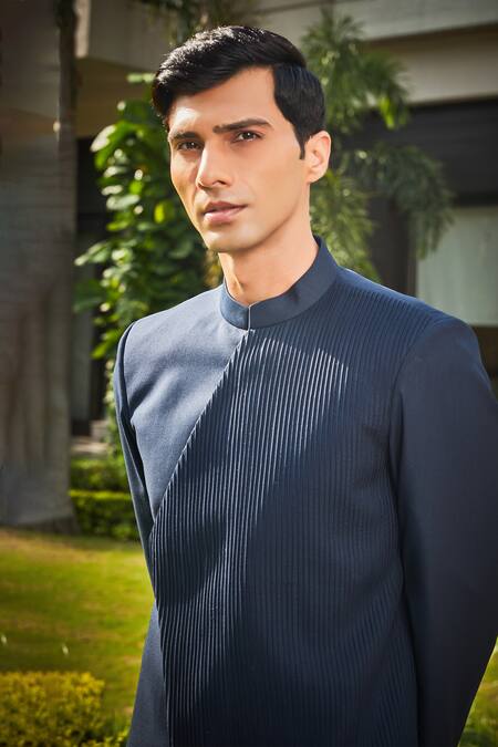 Bohame_Blue Terrycloth Embroidery Mark Pintucked Bandhgala Set_at_Aza_Fashions