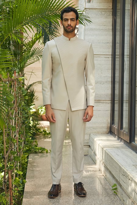 Bohame Ivory Terrywool Suiting Textured Pintucked Kevin Bandhgala And Pant Set