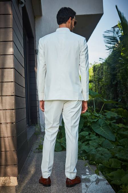 Shop_Bohame_White Terrycloth, Wool Embroidery Aral Pintucked Bandhgala And Pant Set_at_Aza_Fashions