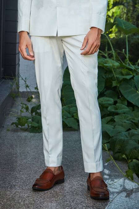 Bohame_White Terrycloth, Wool Embroidery Aral Pintucked Bandhgala And Pant Set_Online_at_Aza_Fashions