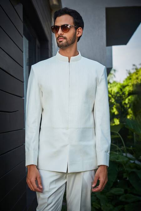 Buy_Bohame_White Terrycloth, Wool Embroidery Aral Pintucked Bandhgala And Pant Set_Online_at_Aza_Fashions