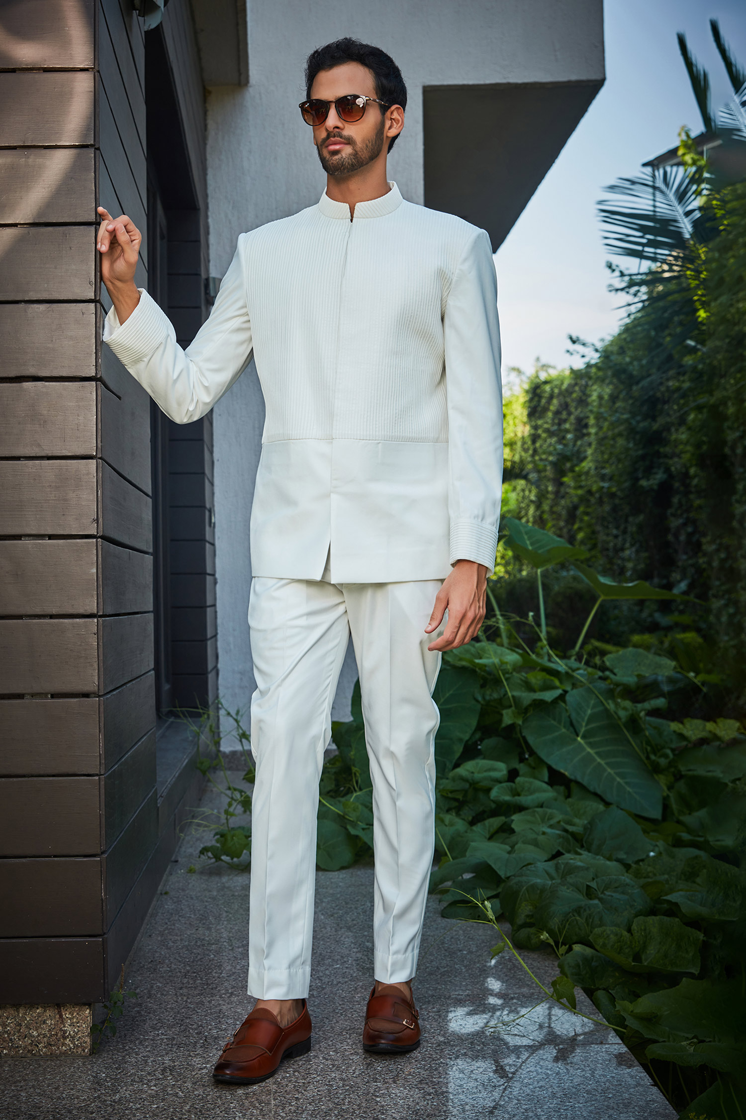 Shop_Bohame_White Terrycloth, Wool Embroidery Aral Pintucked Bandhgala And Pant Set_Online_at_Aza_Fashions