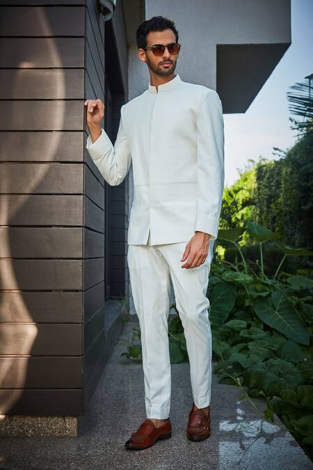 Bohame_White Terrycloth, Wool Embroidery Aral Pintucked Bandhgala And Pant Set_at_Aza_Fashions