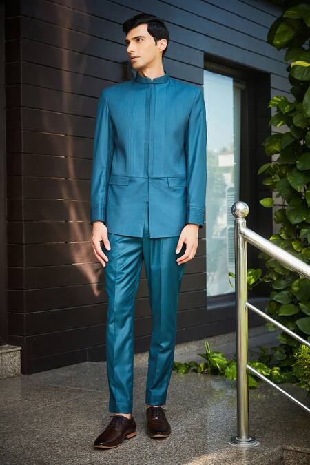 Bohame Green Terrywool Suiting Textured Pintucked Greig Bandhgala And Pant Set