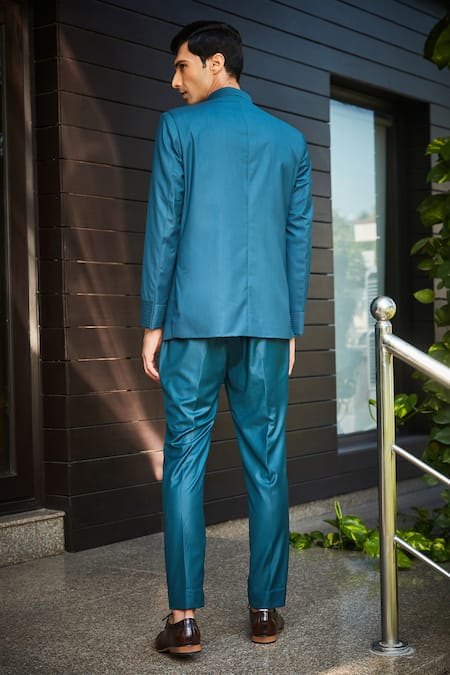 Shop Bohame Green Terrycloth Greig Pintucked Bandhgala And Pant Set at Aza Fashions Shop_Bohame_Green Terrycloth Greig Pintucked Bandhgala And Pant Set_at_Aza_Fashions