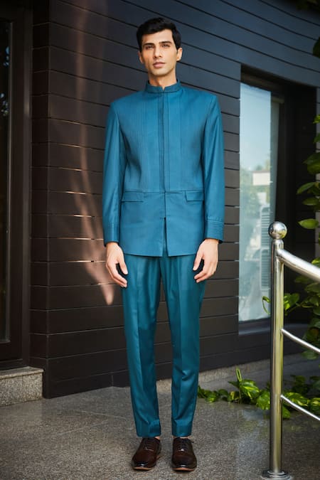 Shop Bohame Green Terrycloth Greig Pintucked Bandhgala And Pant Set Online at Aza Fashions Shop_Bohame_Green Terrycloth Greig Pintucked Bandhgala And Pant Set_Online_at_Aza_Fashions