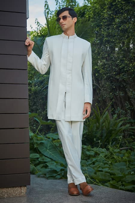 Bohame White Terrywool Suiting Textured Pintucked Shawn Bandhgala And Pant Set