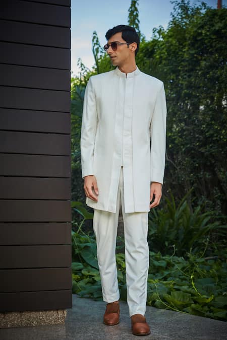 Shop Bohame White Terrycloth, Wool Shawn Pintucked Bandhgala And Pant Set Online at Aza Fashions Shop_Bohame_White Terrycloth, Wool Shawn Pintucked Bandhgala And Pant Set_Online_at_Aza_Fashions