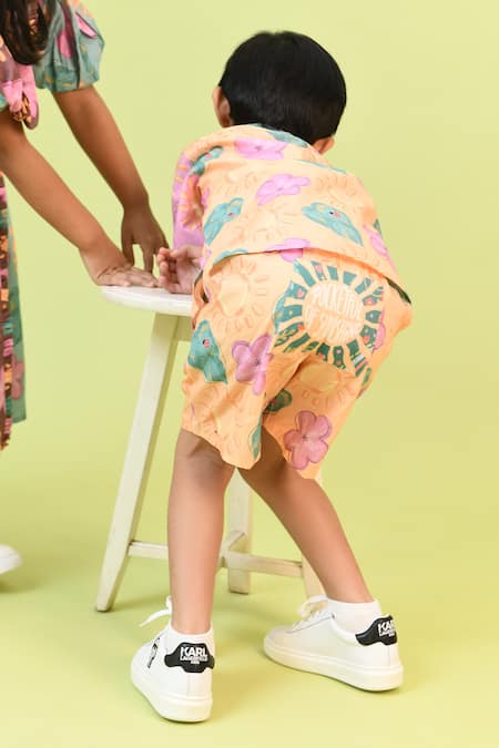 Shop Little Shiro Multi Color Poplin, Cotton Sunshine Bum Floral Print Shirt With Shorts at Aza Fashions Shop_Little Shiro_Multi Color Poplin, Cotton Sunshine Bum Floral Print Shirt With Shorts_at_Aza_Fashions