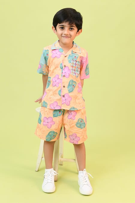Shop Little Shiro Multi Color Poplin, Cotton Sunshine Bum Floral Print Shirt With Shorts Online at Aza Fashions Shop_Little Shiro_Multi Color Poplin, Cotton Sunshine Bum Floral Print Shirt With Shorts_Online_at_Aza_Fashions