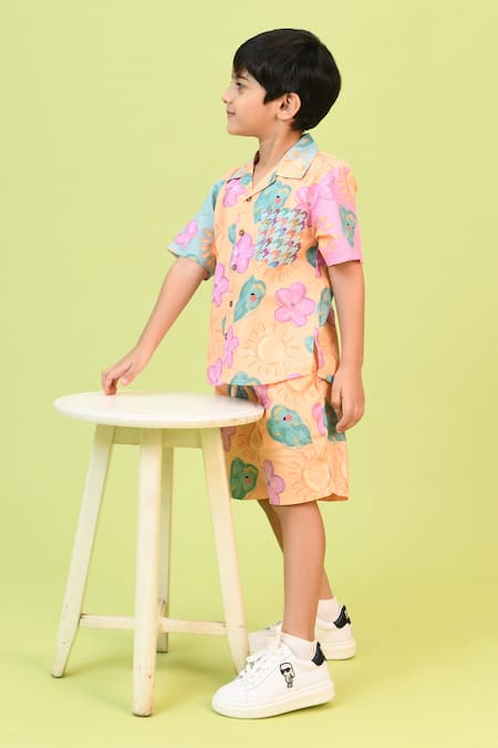 Little Shiro Multi Color Poplin, Cotton Sunshine Bum Floral Print Shirt With Shorts at Aza Fashions Little Shiro_Multi Color Poplin, Cotton Sunshine Bum Floral Print Shirt With Shorts_at_Aza_Fashions