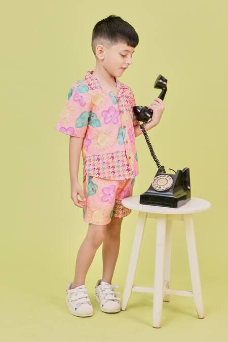 Little Shiro_Coral Poplin, Cotton Blocks Blossom Print Shirt With Shorts_Online_at_Aza_Fashions
