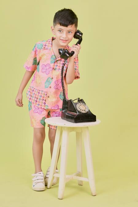 Buy_Little Shiro_Coral Poplin, Cotton Blocks Blossom Print Shirt With Shorts_Online_at_Aza_Fashions
