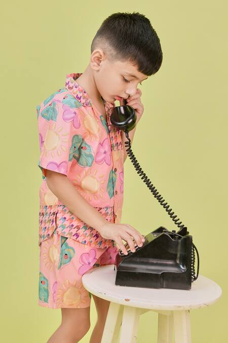 Shop_Little Shiro_Coral Poplin, Cotton Blocks Blossom Print Shirt With Shorts_Online_at_Aza_Fashions
