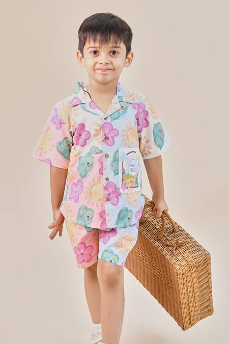 Little Shiro_Multi Color Poplin, Cotton Embroidery Magic Is Real Printed Shirt With Shorts_Online_at_Aza_Fashions