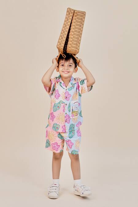 Buy_Little Shiro_Multi Color Poplin, Cotton Embroidery Magic Is Real Printed Shirt With Shorts_Online_at_Aza_Fashions