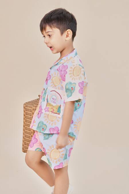 Shop_Little Shiro_Multi Color Poplin, Cotton Embroidery Magic Is Real Printed Shirt With Shorts_Online_at_Aza_Fashions