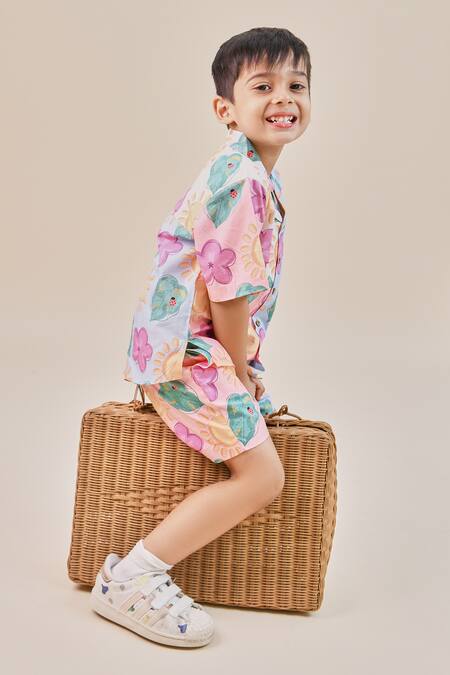 Little Shiro_Multi Color Poplin, Cotton Embroidery Magic Is Real Printed Shirt With Shorts_at_Aza_Fashions