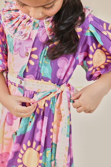 Shop_Little Shiro_Purple Cotton Satin Lace The Isabelle Floral Print Dress_Online_at_Aza_Fashions
