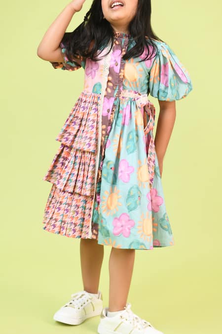 Shop_Little Shiro_Multi Color Cotton Satin Embroidery The Annabelle Printed Placed Ruffle Dress_Online_at_Aza_Fashions