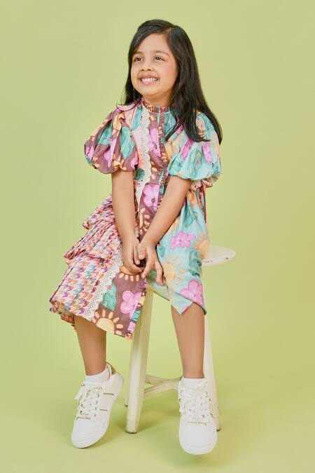 Little Shiro_Multi Color Cotton Satin Embroidery The Annabelle Printed Placed Ruffle Dress_at_Aza_Fashions