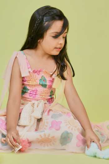 Little Shiro_Multi Color Cotton Satin, Tulle The Serena Floral Printed Smocked Dress_Online_at_Aza_Fashions