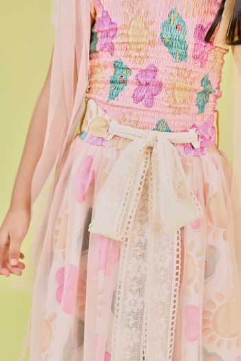 Little Shiro_Multi Color Cotton Satin, Tulle The Serena Floral Printed Smocked Dress_at_Aza_Fashions