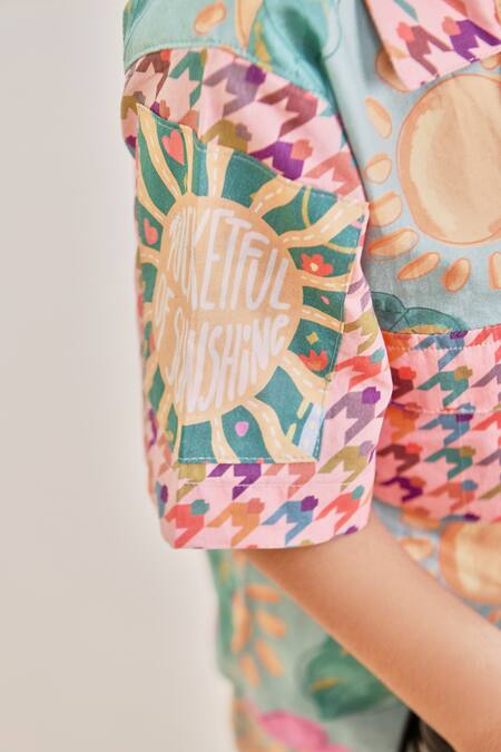 Buy_Little Shiro_Multi Color Poplin, Cotton Embroidery Sun On My Arm Printed Shirt With Shorts_Online_at_Aza_Fashions