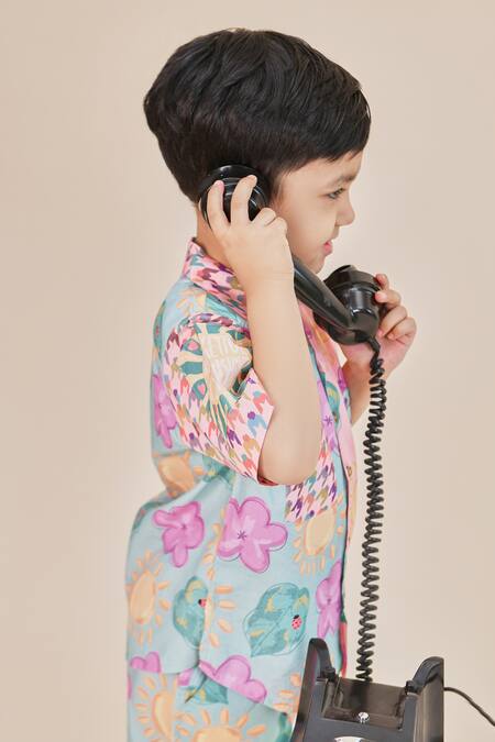 Shop_Little Shiro_Multi Color Poplin, Cotton Embroidery Sun On My Arm Printed Shirt With Shorts_Online_at_Aza_Fashions