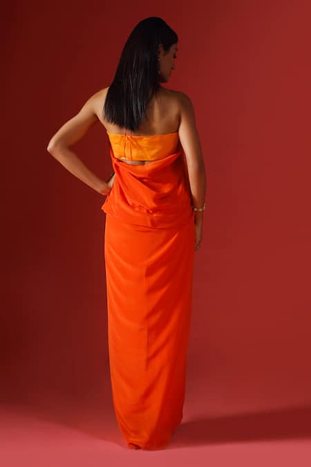 Megha Garg_Orange Organza, Crepe Sequins Halter Neck, Open Hand Embroidered Jacket Pant Set _Online_at_Aza_Fashions