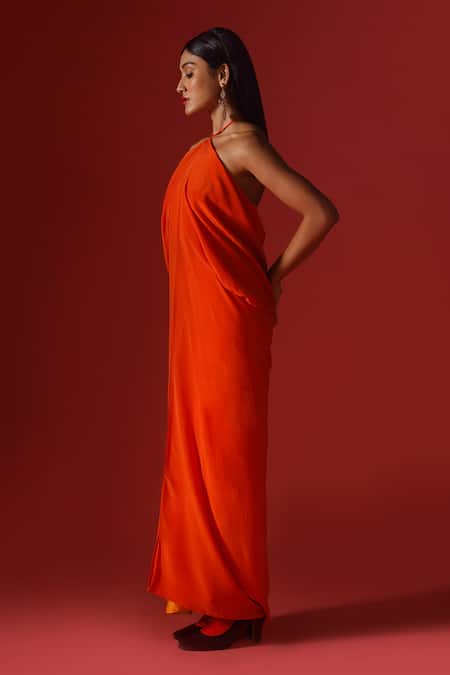 Buy_Megha Garg_Orange Organza, Crepe Sequins Halter Neck, Open Hand Embroidered Jacket Pant Set _Online_at_Aza_Fashions