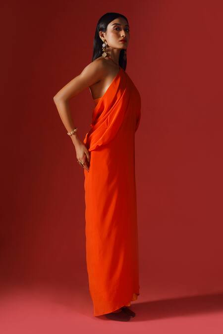 Shop_Megha Garg_Orange Organza, Crepe Sequins Halter Neck, Open Hand Embroidered Jacket Pant Set _Online_at_Aza_Fashions