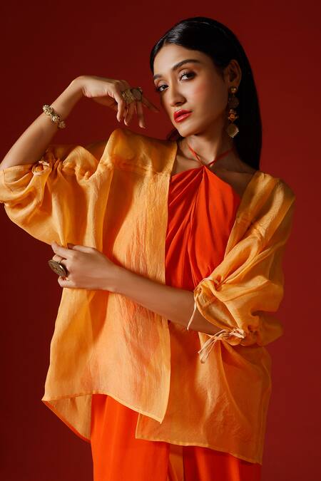 Buy_Megha Garg_Orange Organza, Crepe Sequins Halter Neck, Open Hand Embroidered Jacket Pant Set 