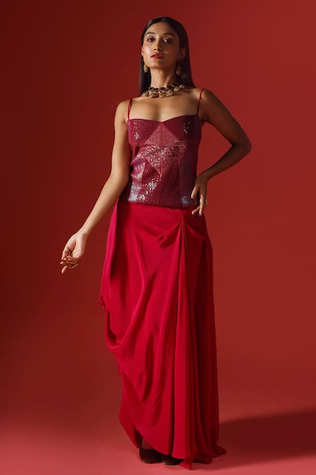 Megha Garg Maroon Top Organza Hand Embroidered Sequins Sweetheart And Draped Skirt Set 