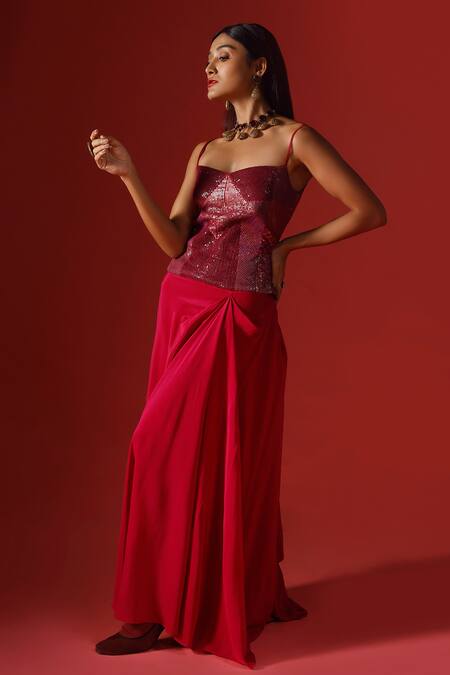 Megha Garg_Maroon Top Organza Hand Embroidered Sequins Sweetheart And Draped Skirt Set _Online_at_Aza_Fashions