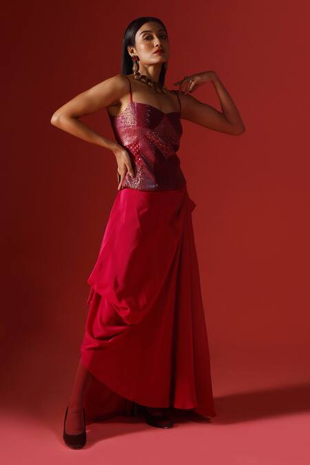 Buy_Megha Garg_Maroon Top Organza Hand Embroidered Sequins Sweetheart And Draped Skirt Set _Online_at_Aza_Fashions