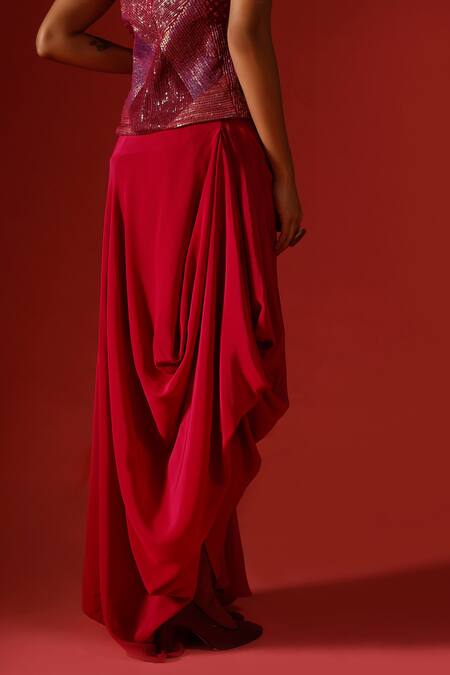 Buy_Megha Garg_Maroon Top Organza Hand Embroidered Sequins Sweetheart And Draped Skirt Set 