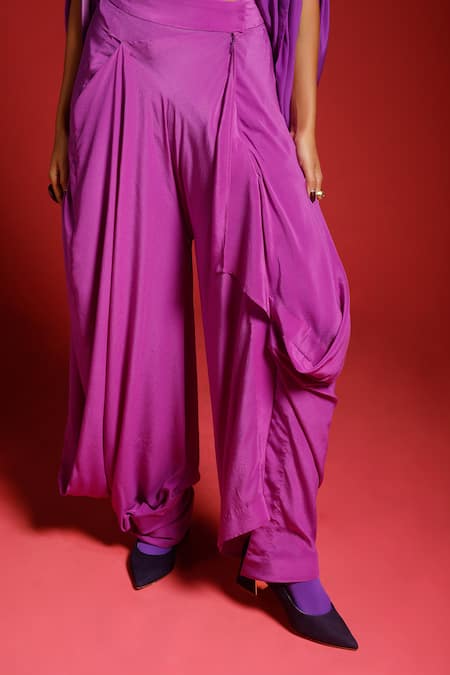 Megha Garg_Purple Crepe Sequins Sweetheart Neck Flared Sleeve Cape Pant Set _Online_at_Aza_Fashions