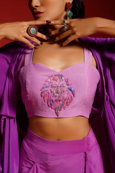 Buy_Megha Garg_Purple Crepe Sequins Sweetheart Neck Flared Sleeve Cape Pant Set _Online_at_Aza_Fashions