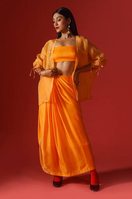 Megha Garg Orange Organza Hand Embroidered Sequins Straight Neck Jacket Skirt Set 