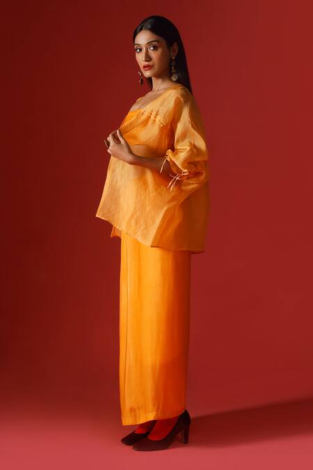 Megha Garg_Orange Organza, Satin, Georgette Sequins Hand Embroidered Jacket Skirt Set _Online_at_Aza_Fashions