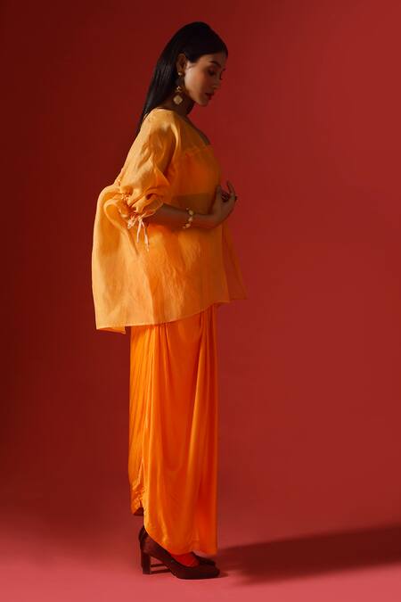 Buy_Megha Garg_Orange Organza, Satin, Georgette Sequins Hand Embroidered Jacket Skirt Set _Online_at_Aza_Fashions