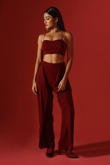 Megha Garg_Maroon Organza, Georgette Sequins Hand Embroidered Kaftan Top Pant Set _Online_at_Aza_Fashions