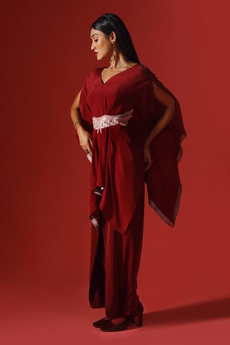 Buy_Megha Garg_Maroon Organza, Georgette Sequins Hand Embroidered Kaftan Top Pant Set _Online_at_Aza_Fashions