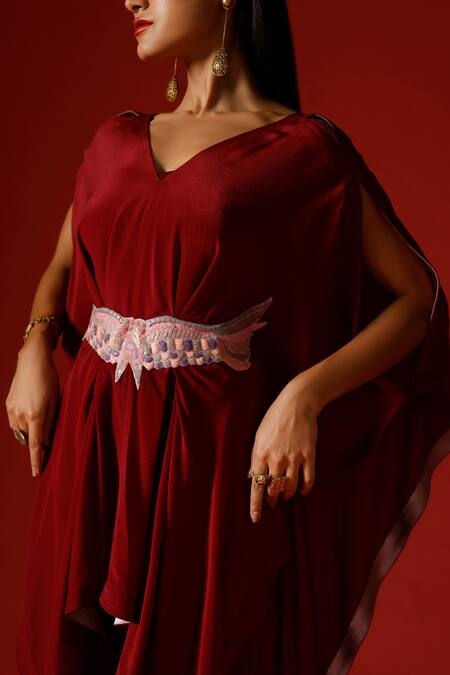 Shop_Megha Garg_Maroon Organza, Georgette Sequins Hand Embroidered Kaftan Top Pant Set _Online_at_Aza_Fashions