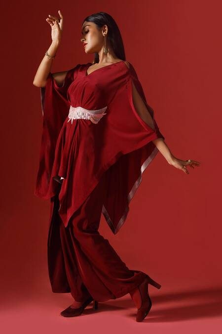 Megha Garg_Maroon Organza, Georgette Sequins Hand Embroidered Kaftan Top Pant Set _at_Aza_Fashions