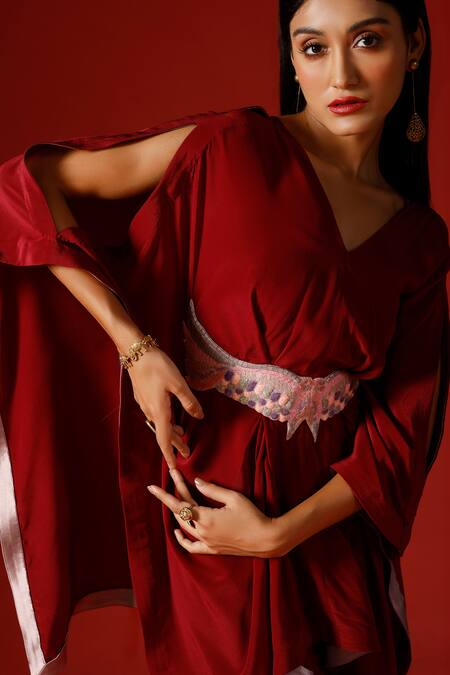 Buy_Megha Garg_Maroon Organza, Georgette Sequins Hand Embroidered Kaftan Top Pant Set 